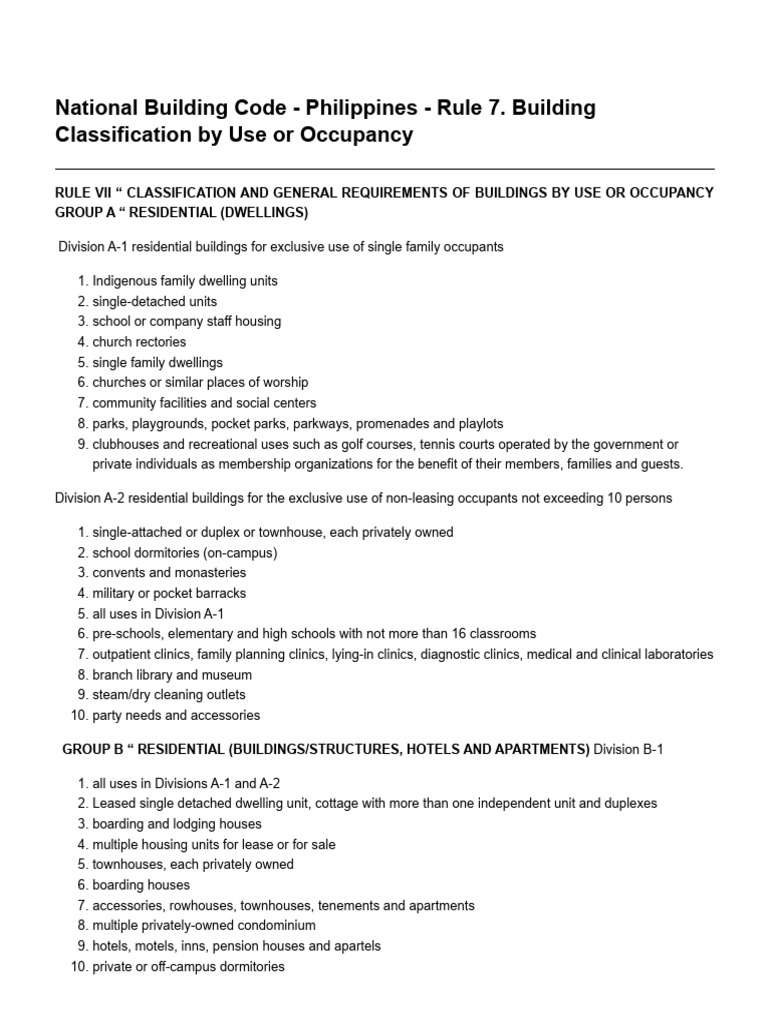 Philippine National Building Code: Use Classification | PDF | Apartment ...