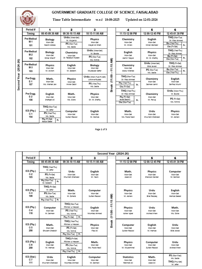 Intermediate Time Table 2024-2026 | PDF