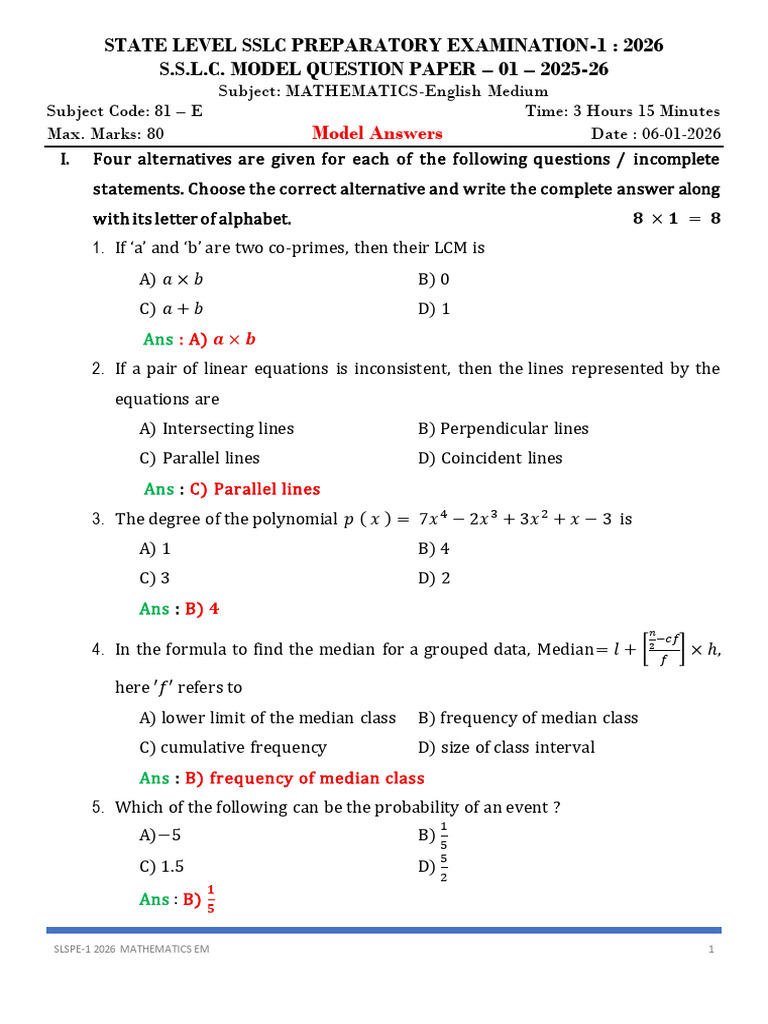 SSLC 2026 Mathematics Model Paper | PDF | Sphere | Numbers