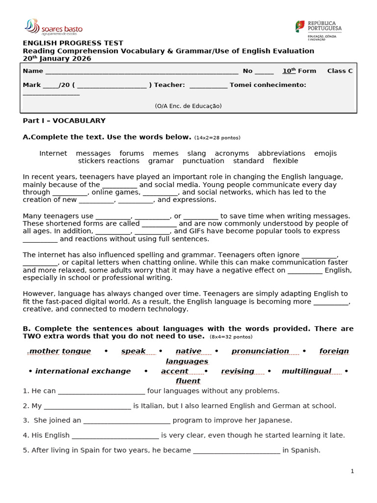 Progress Test 2 Class c | PDF | English Language | Linguistics