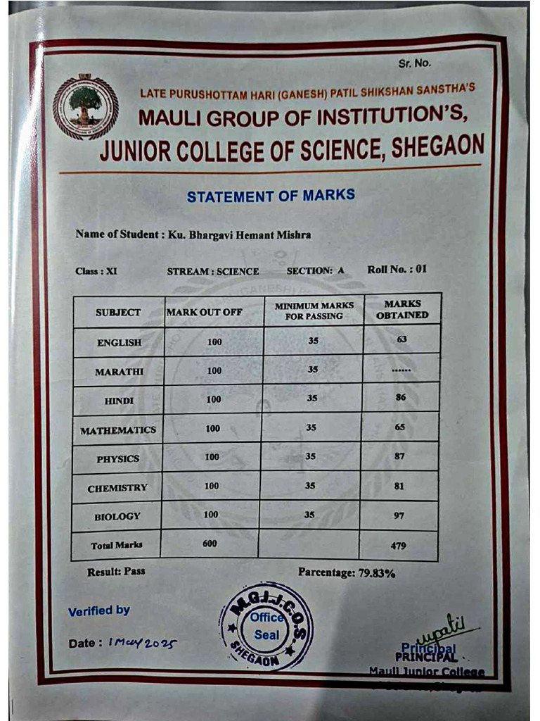 Bhargavi 11th Marksheet | PDF