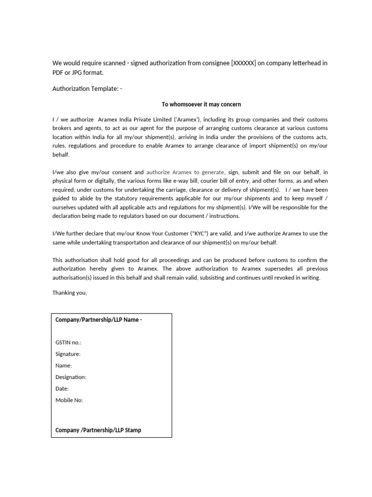 Customs Clearance Authorization Template | PDF