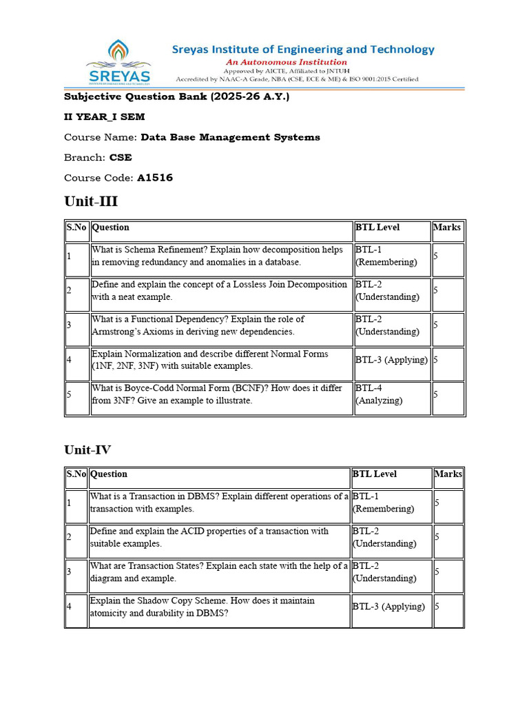 DBMS Subjective Question Bank 2025-26 | PDF | Database Index | Databases