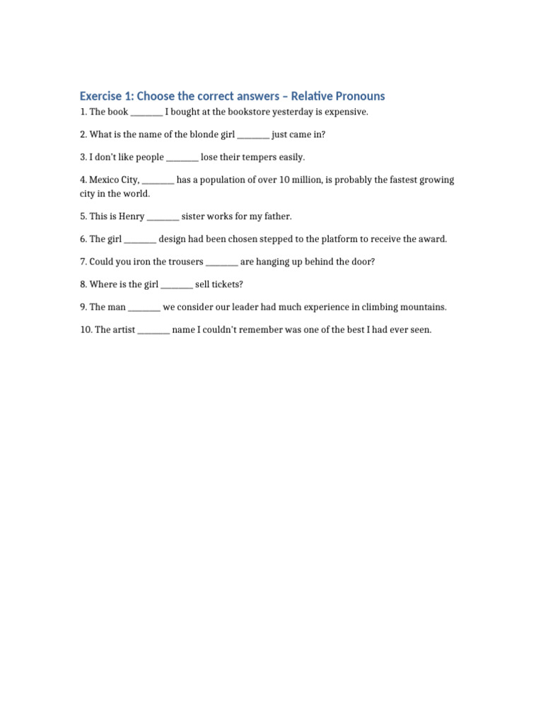 Relative Pronouns Exercises and Answers | PDF