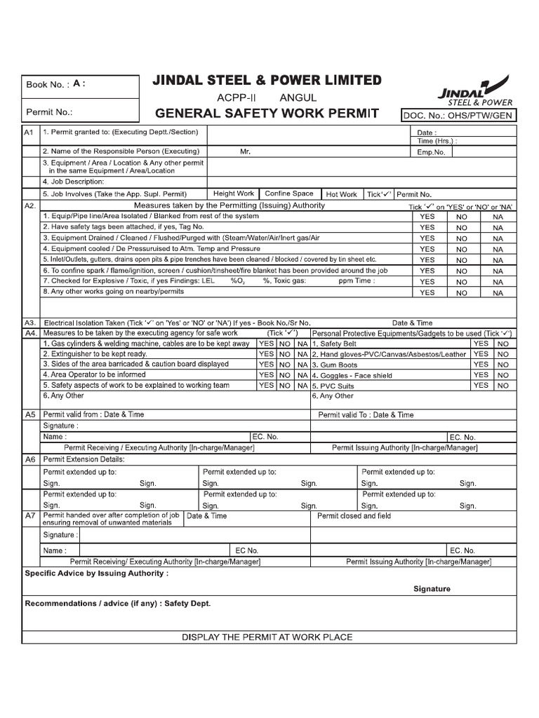 Jindal General Safety Work Permit-3 (1) (Outlines) | PDF