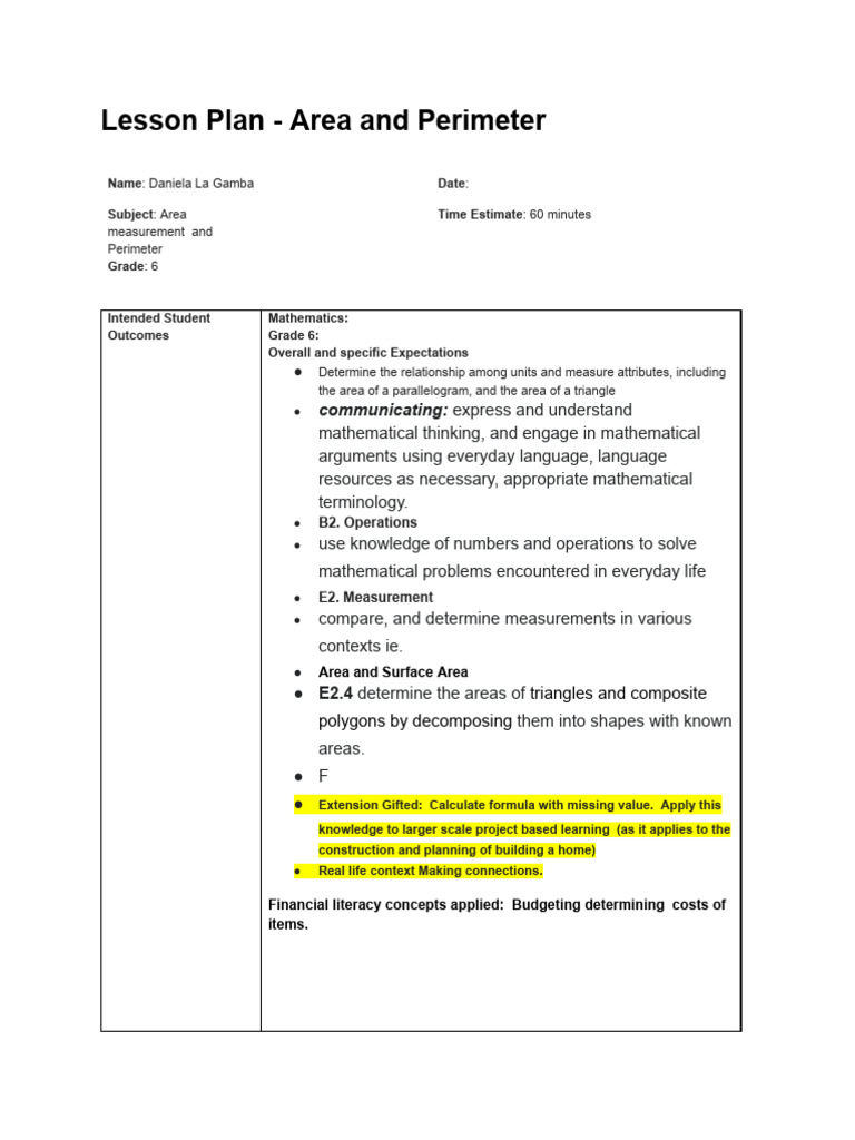 Grade 6 Area and Perimeter Lesson Plan | PDF | Area | Learning