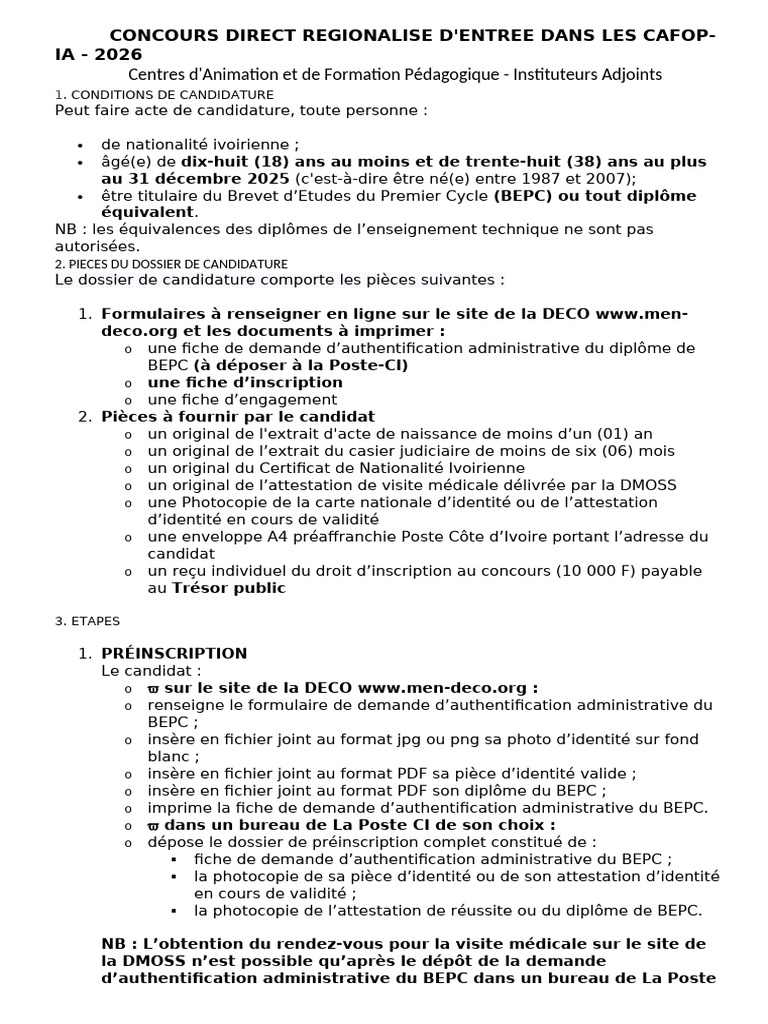 Concours CAFOP-IA 2026 : Conditions et Dossier | PDF