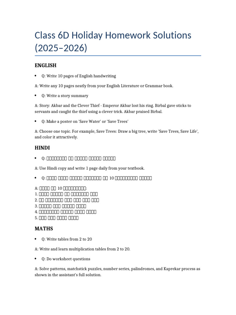 Class 6D Holiday Homework Solutions | PDF