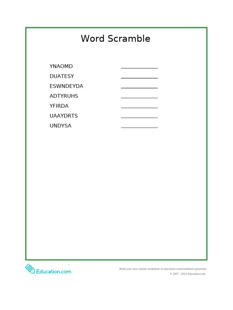 Word Scramble Puzzle Worksheet | PDF