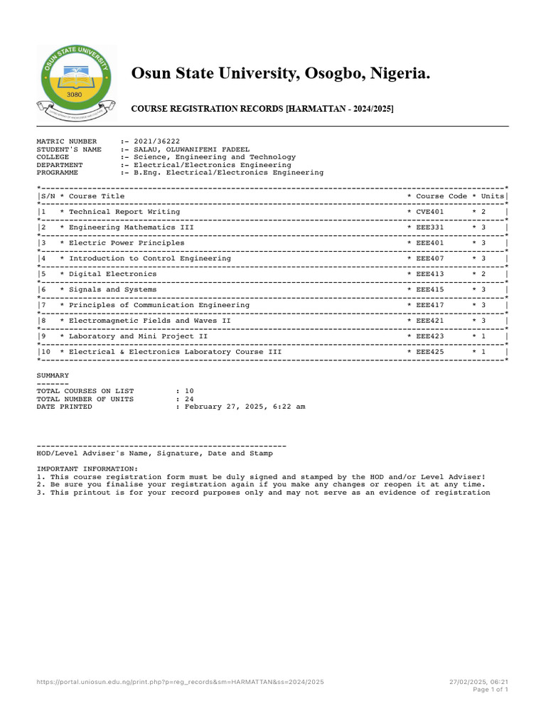 Osun State University Course Registration 2024 | PDF | Physical ...