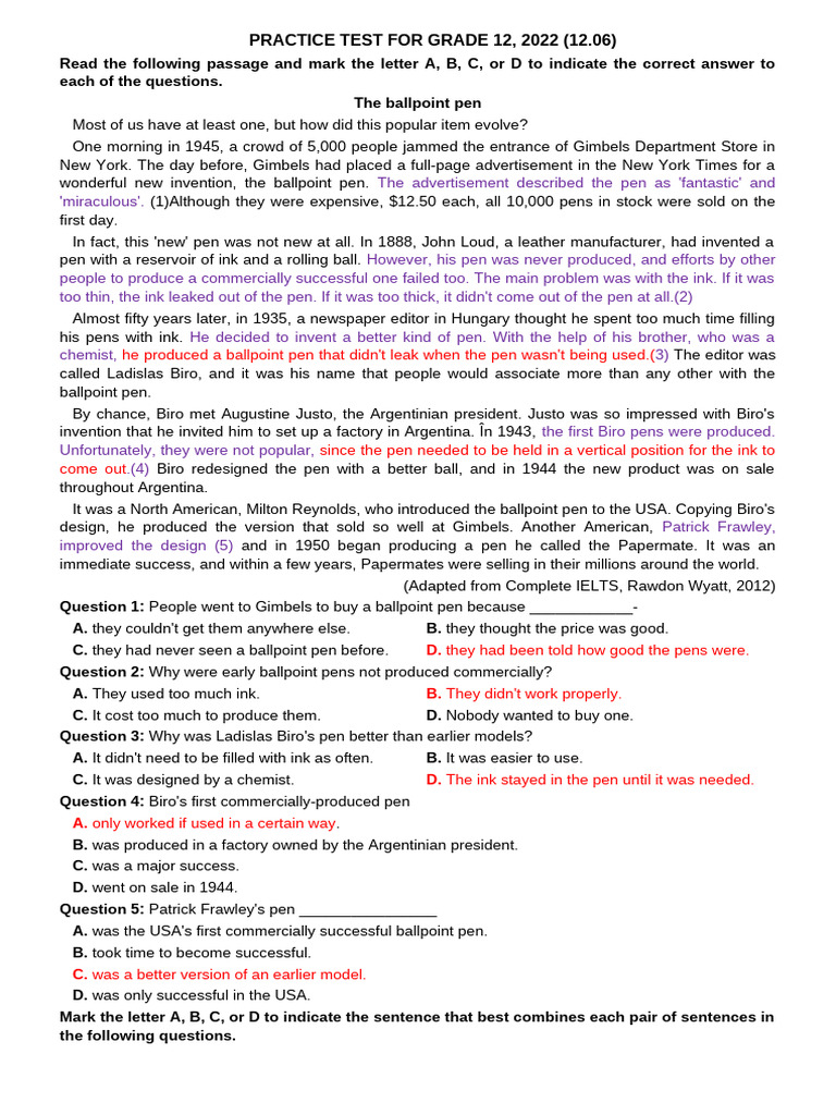 Grade 12 Ballpoint Pen Practice Test | PDF | Pen