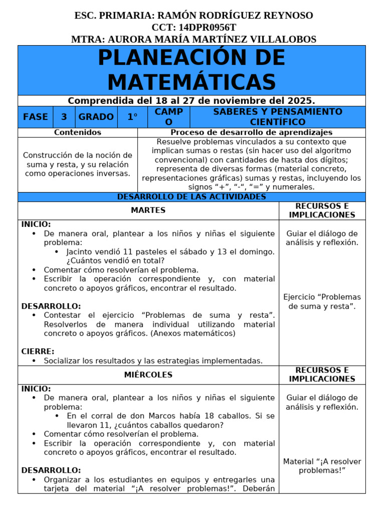 Planeación de Matemáticas 1° Grado | PDF | Sustracción | Lápiz