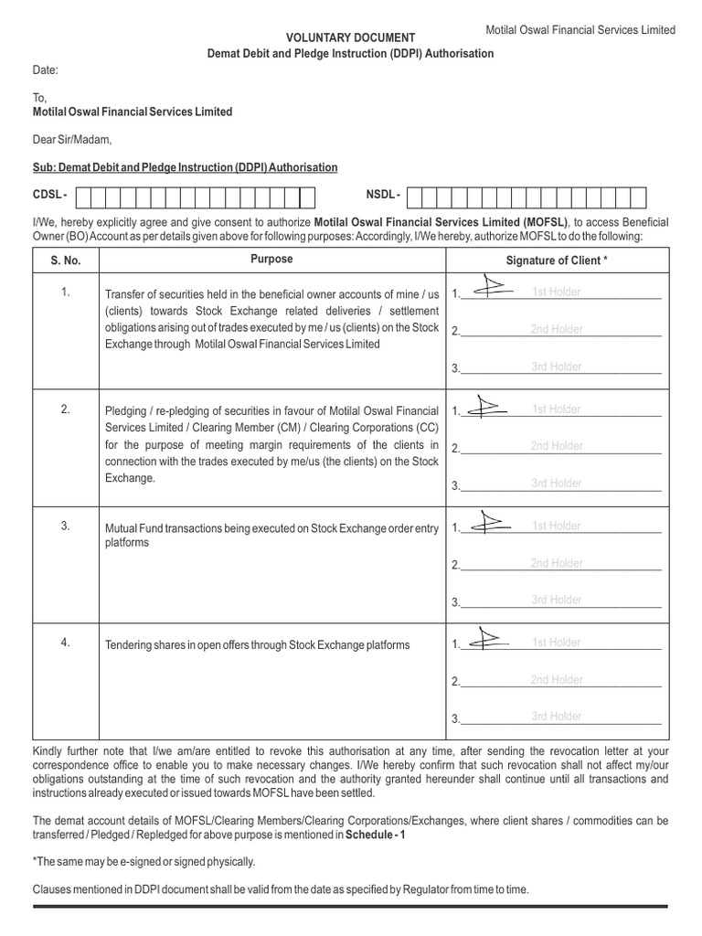 DDPI Authorization for Demat Accounts | PDF | Clearing (Finance ...