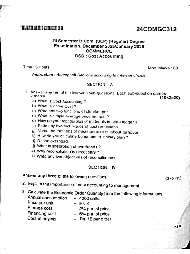 Cost Accounting Question Paper | PDF