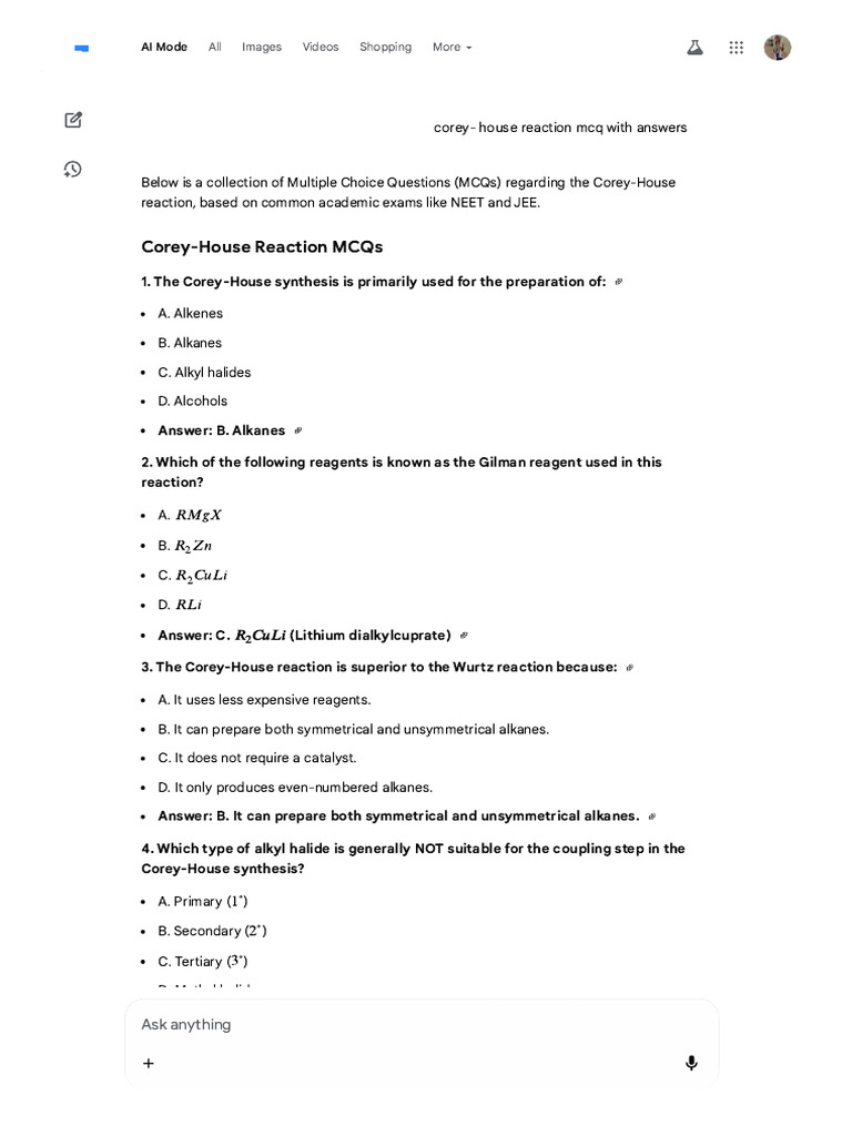 Corey-House Reaction MCQs with Answers | PDF | Alkane | Organic Chemistry