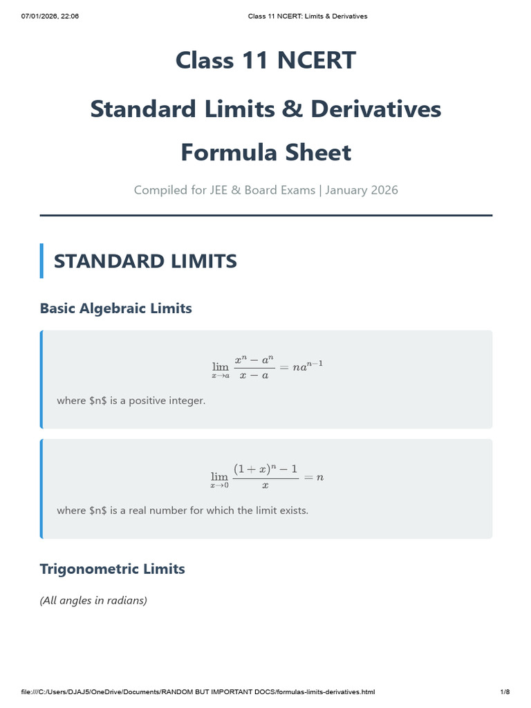 Class 11 Limits & Derivatives Formula Sheet | PDF | Trigonometric ...