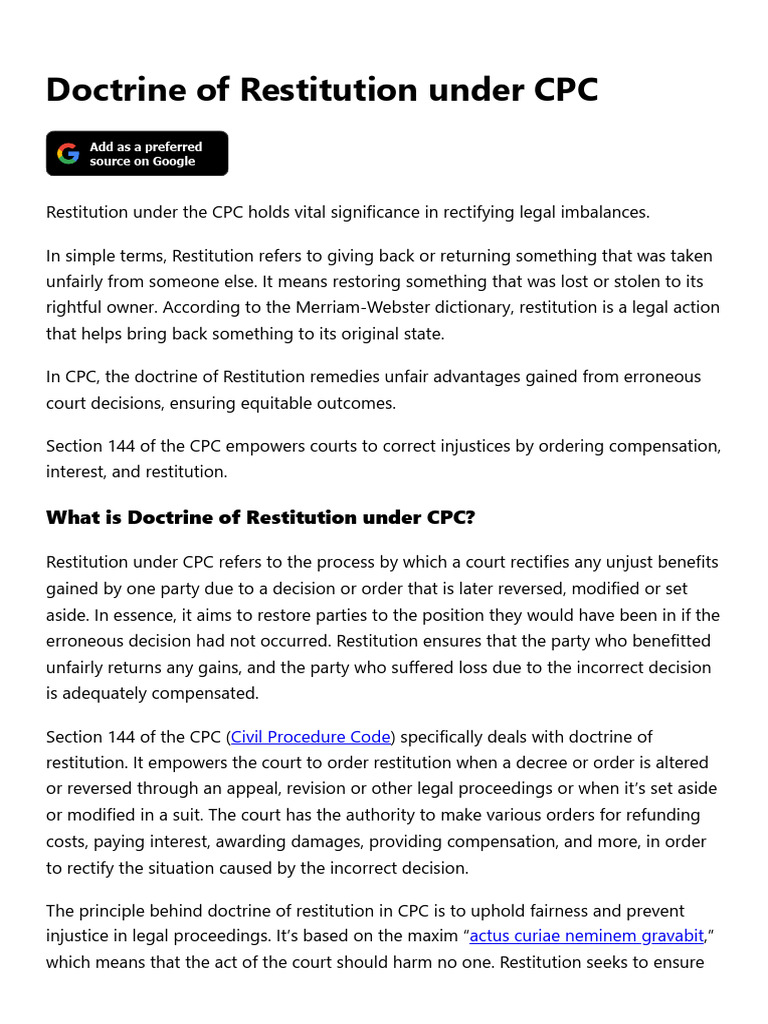 Understanding Restitution in CPC | PDF | Lawsuit | Judgment (Law)