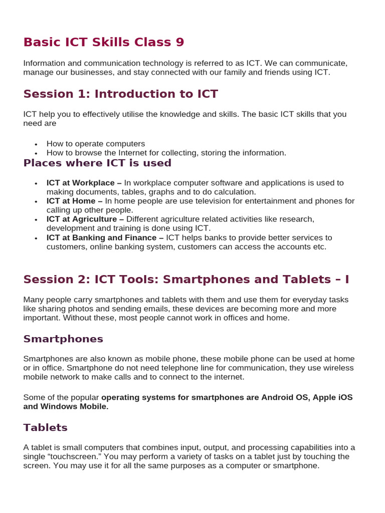 Basic ICT Skills Class 9 Study Materials | PDF | Smartphone | Computer ...