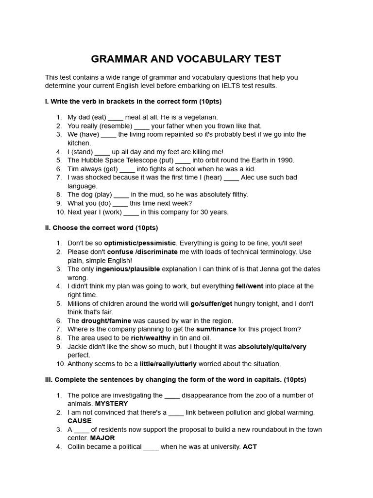 Grammar and Vocabulary Test | PDF