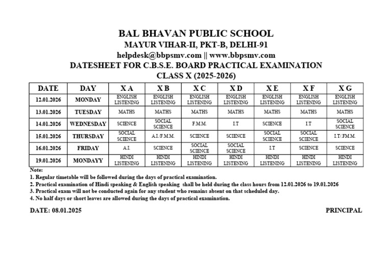 CBSE Class X Practical Exam Datesheet | PDF