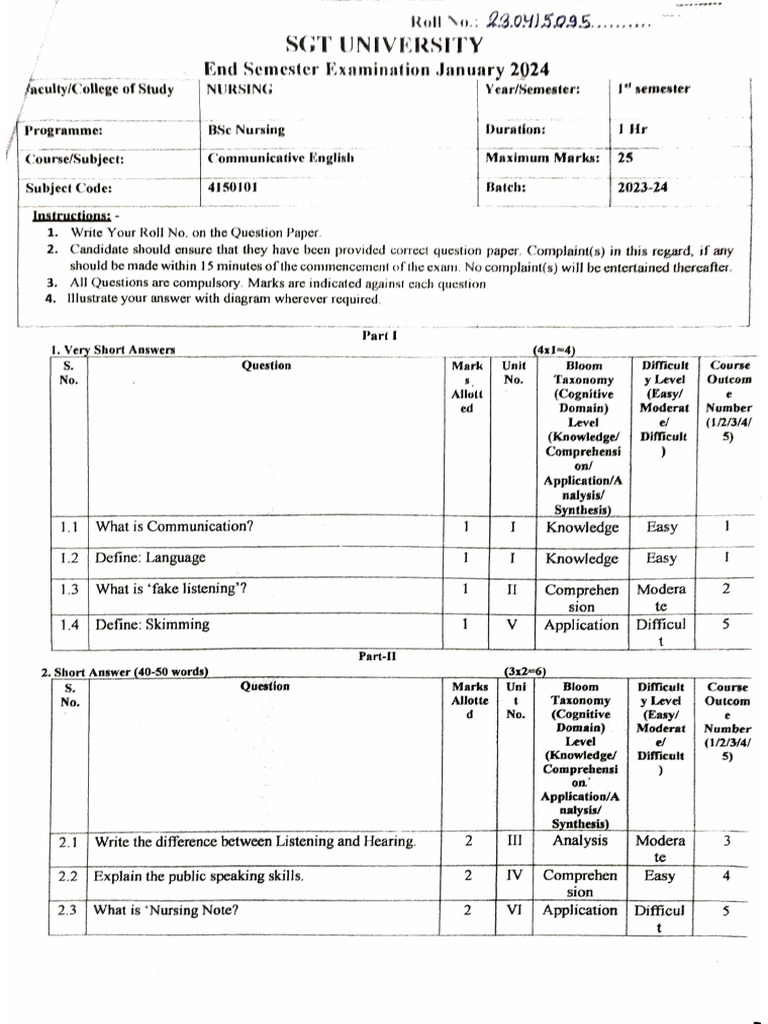 End Sem 1 Question Paper | PDF