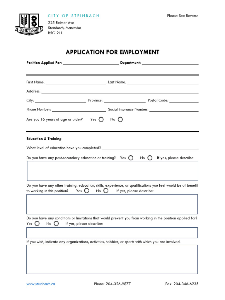 Fillable Application for Employment - City of Steinbach - Web | PDF