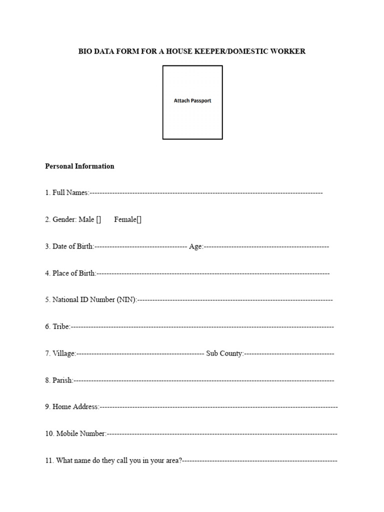 Housekeeper Bio Data Form Template | PDF