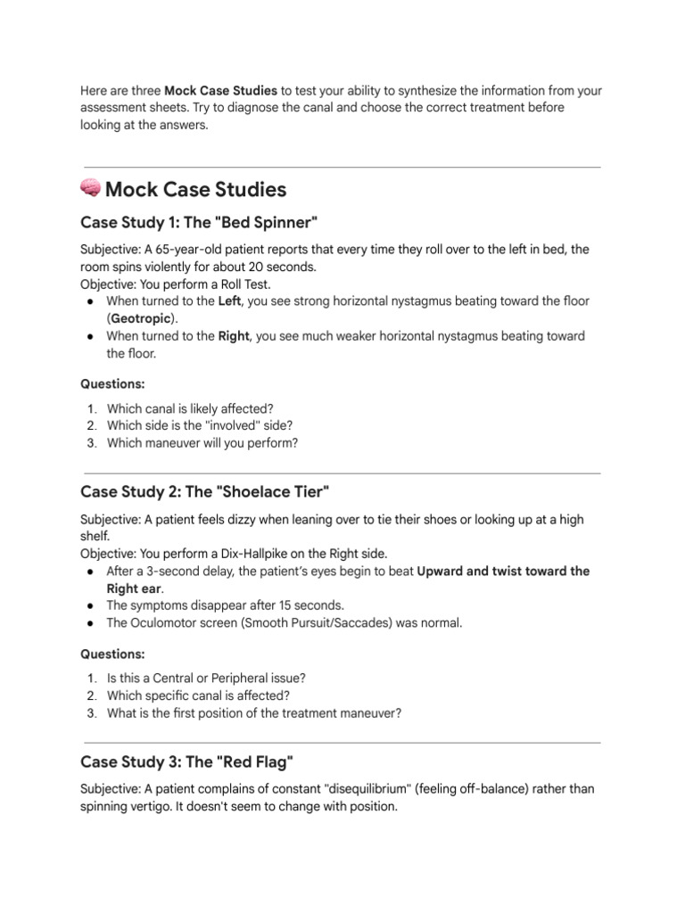 Mock Case Studies for Vestibular Diagnosis | PDF | Medical Specialties ...