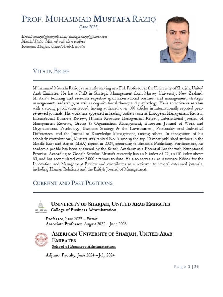 Professor Muhammad Mustafa Raziq CV | PDF | Master Of Business ...