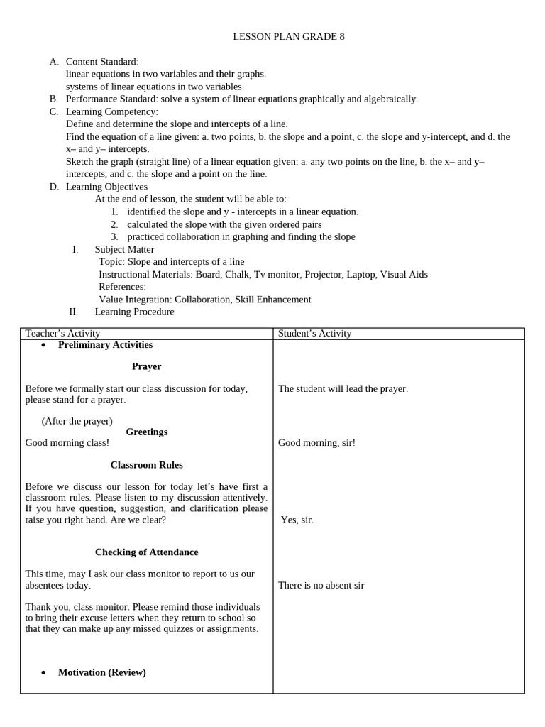 Grade 8 Linear Equations Lesson Plan | PDF | Slope | Mathematics