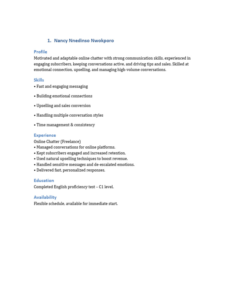 Online Chatter Profile & Skills Summary | PDF
