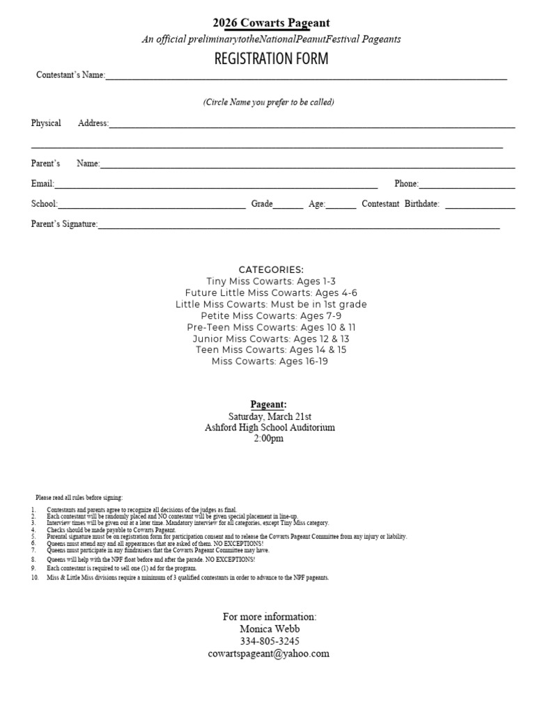 2026 Cowarts Pageant Registration Form | PDF | Chess Theory