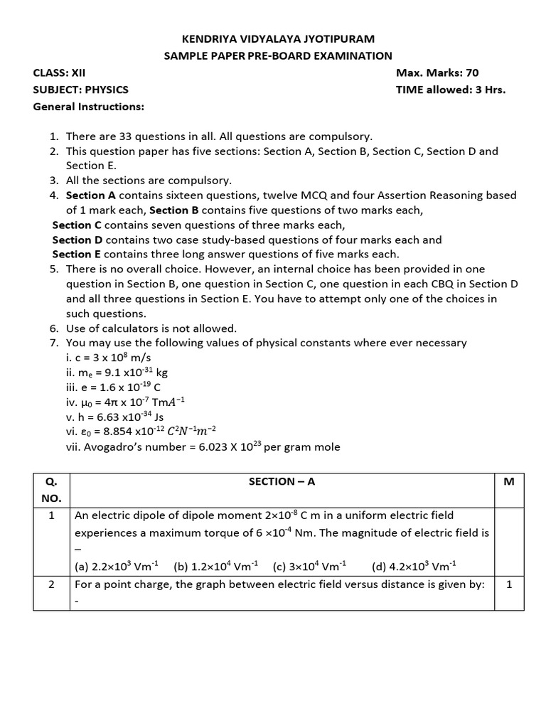 Class XII Physics Pre-Board Sample Paper | PDF | Electromagnetic ...