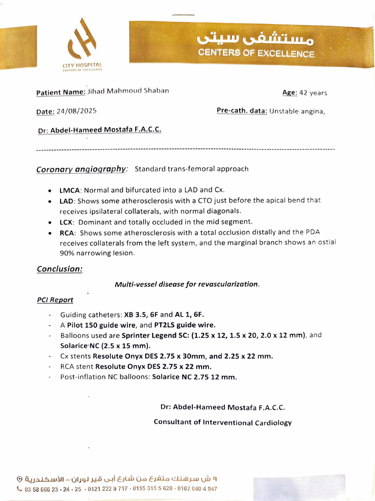 Coronary Angiography PCI Report | PDF