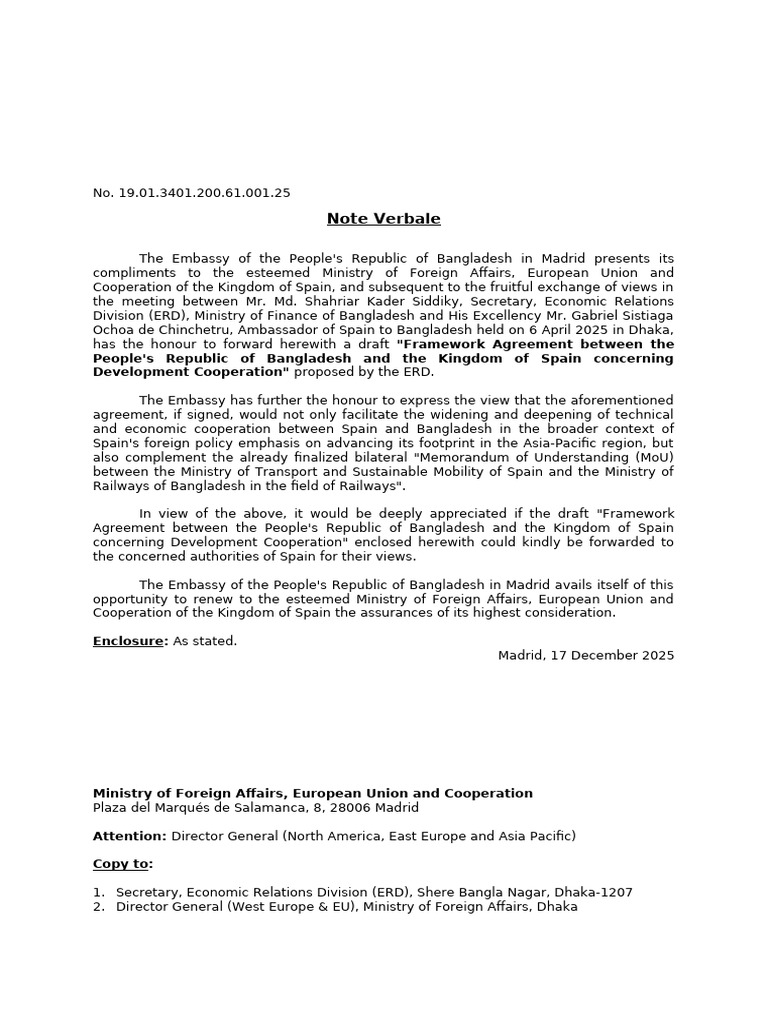 Note Verbale Forwarding Draft Framework Agreement on Development ...