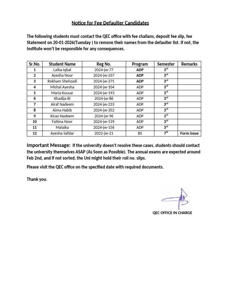 Fee Defaulter Notice for Students | PDF