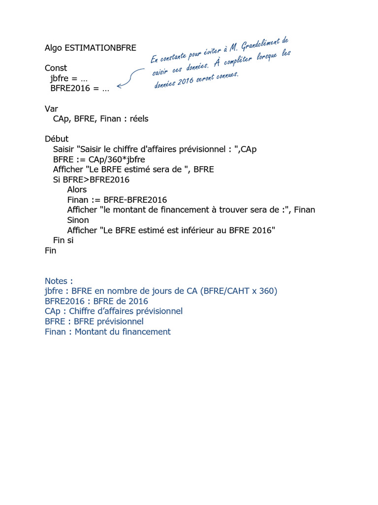 Estimation du BFRE et financement prévisionnel | PDF
