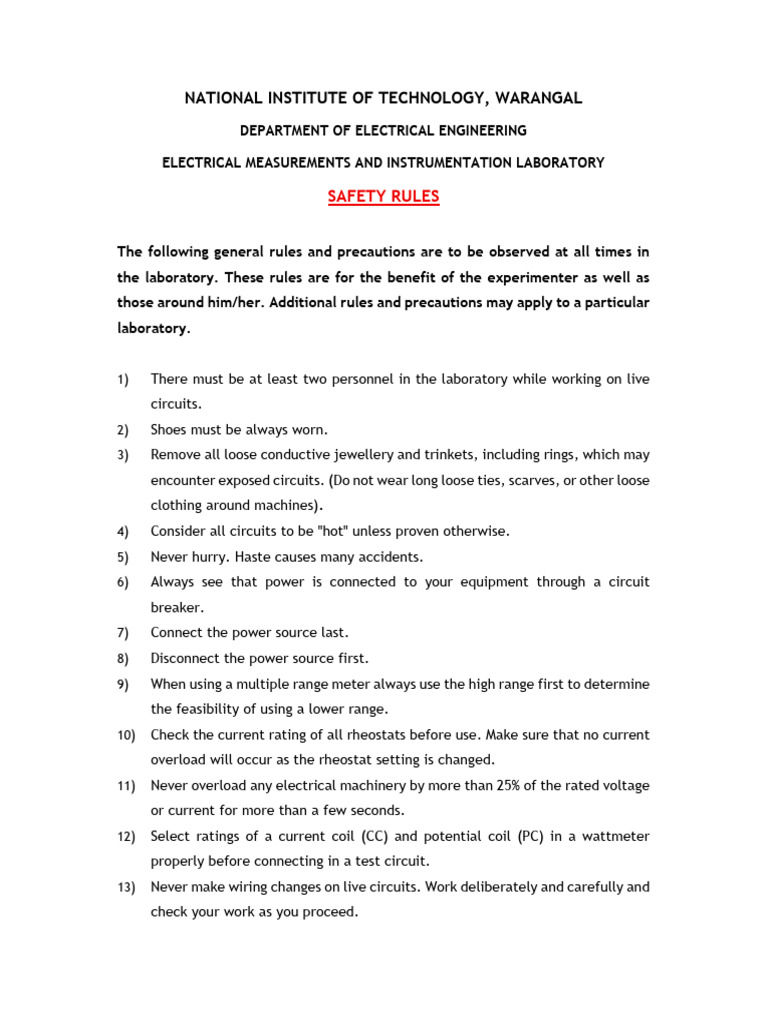 Electrical Lab Safety Guidelines | PDF | Switch | Laboratories