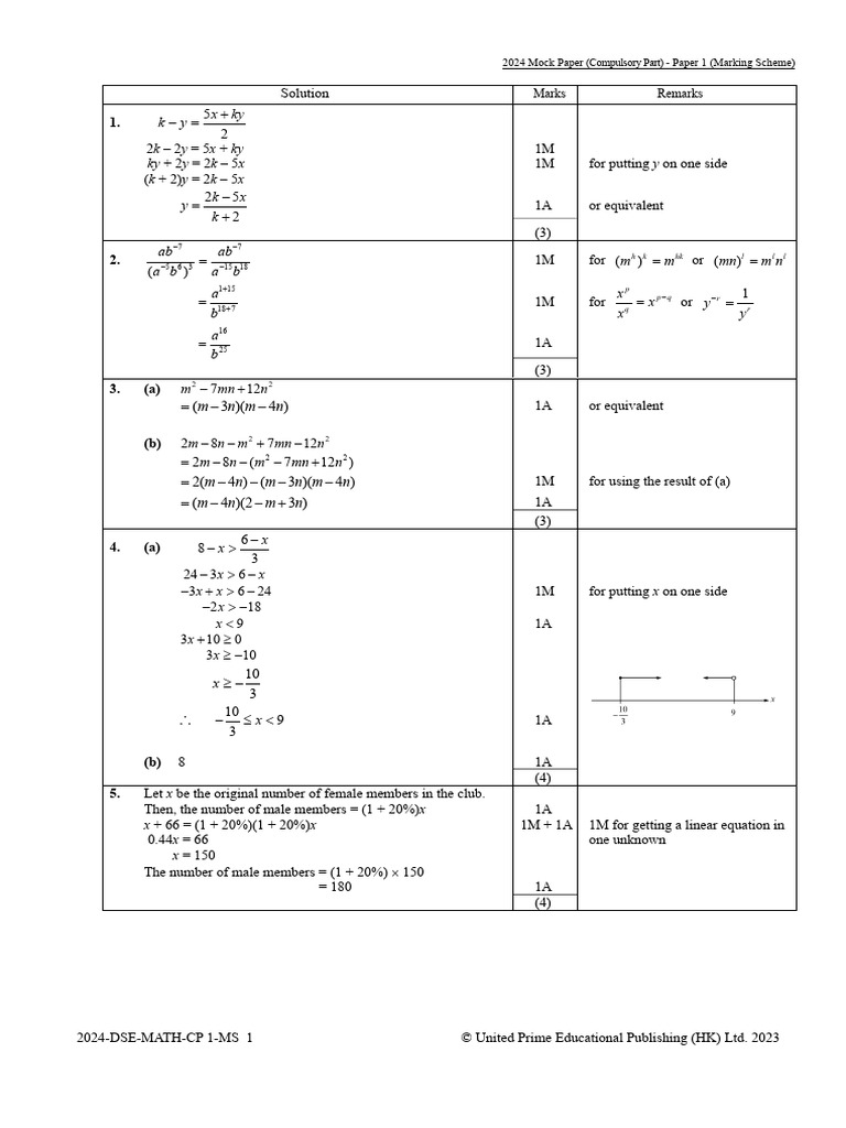 2024 DSE Math Paper 1 Marking Scheme | PDF | Mathematics | Elementary ...