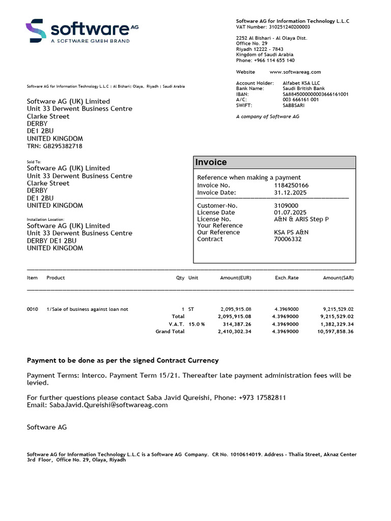 Invoice for Software AG Business Sale | PDF | Money | Payments