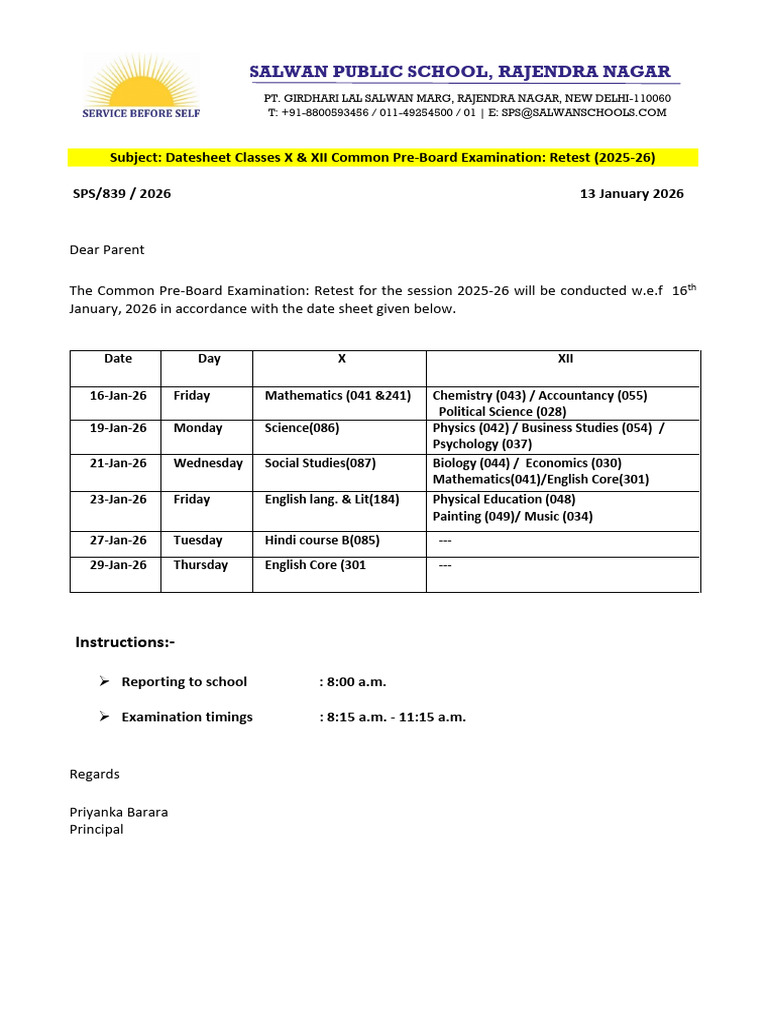 Datesheet Retest Common Pre Board Examination- Class x & Xii | PDF