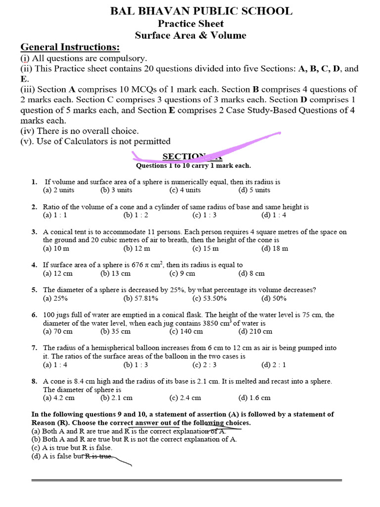 Class IX Maths Practice Paper: Surface Areas & Volumes | PDF | Sphere ...