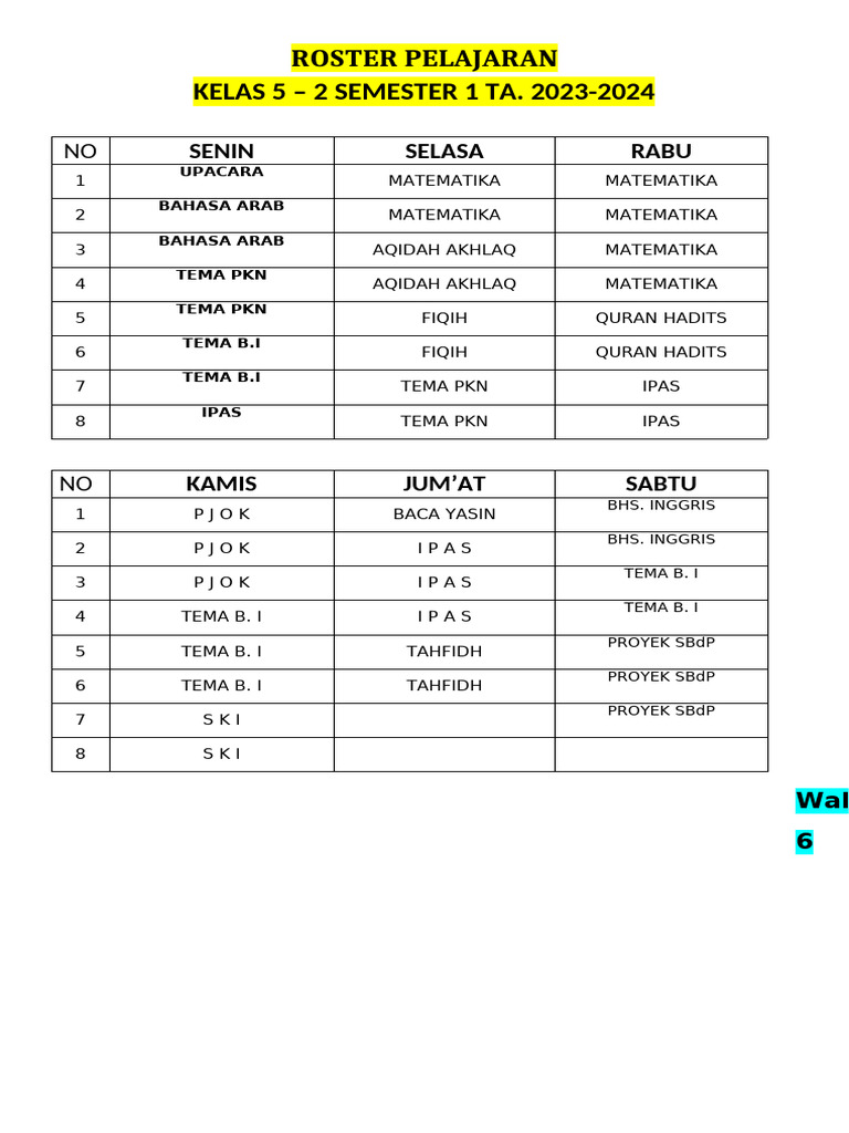 Roster Pelajaran A3 52 23-24 Kertas f4 1 Lembar | PDF