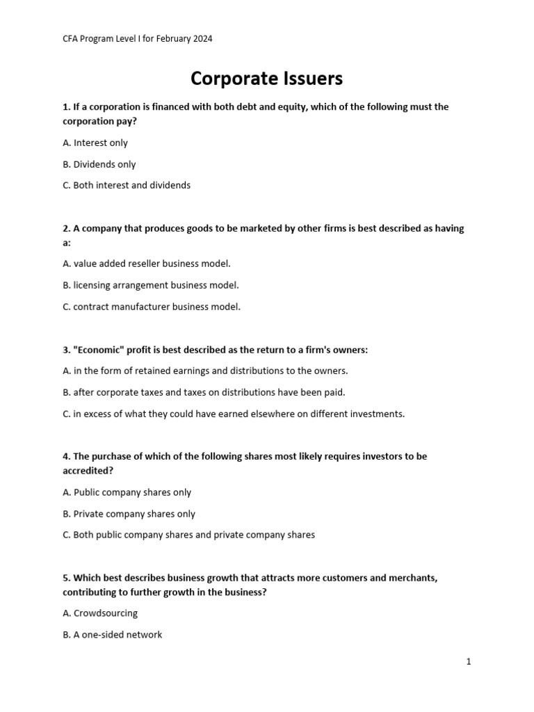CFA Level I Exam Prep: Corporate Finance | PDF | Capital Structure ...