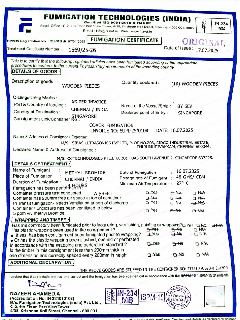 Fumigation Certificate 20302 | PDF