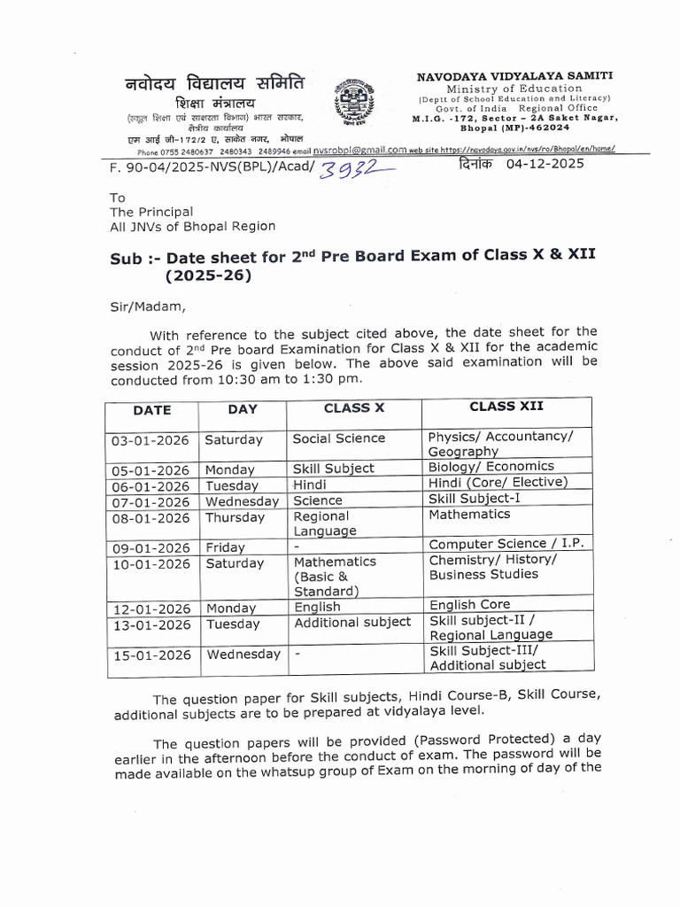 Date Sheet For 2nd Pre Board Exam of Class X & XII (2025-26) 3932 | PDF