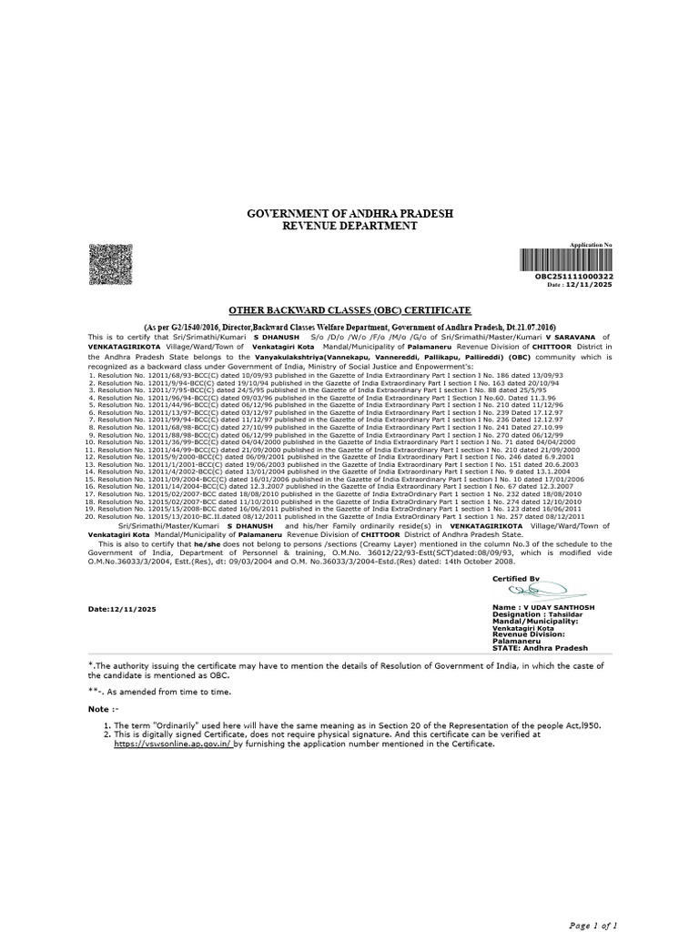 OBC Certificate for S Dhanush, AP | PDF | Politics Of India | Chess ...