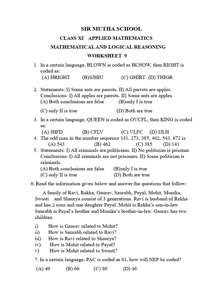 Class XI Applied Mathematics Worksheet | PDF