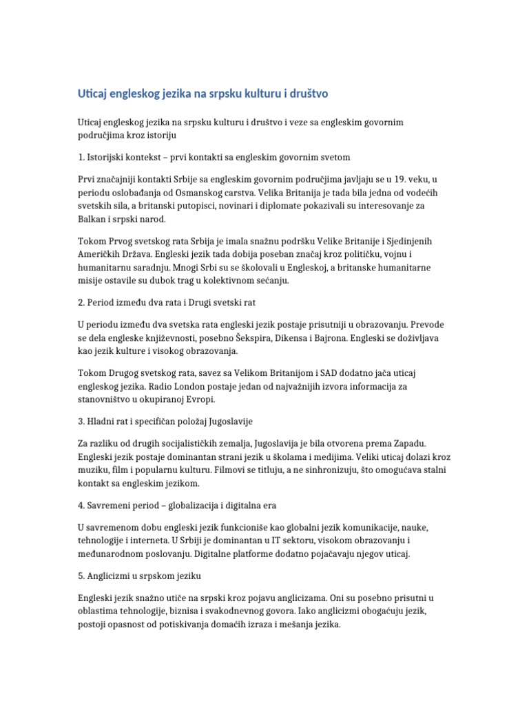 Uticaj Engleskog Jezika Na Srpsku Kulturu | PDF