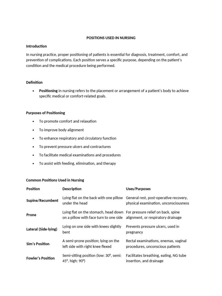 Essential Nursing Positions Guide | PDF | Medical Specialties ...